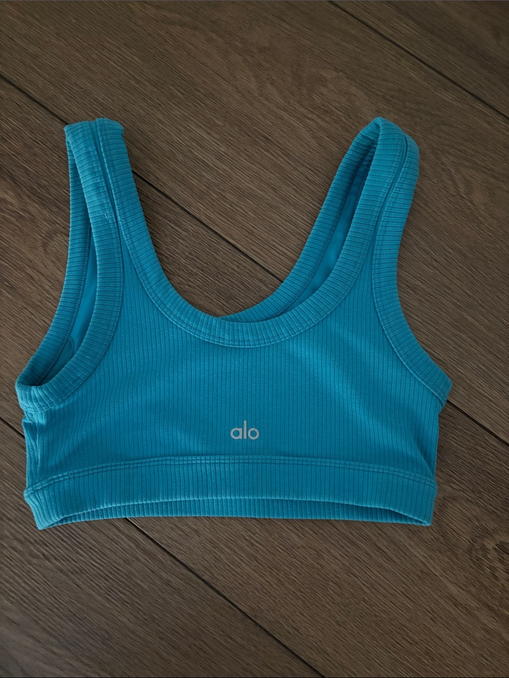 ALO Yoga Ribbed Scoop Sports Bra in Teal - Picture 2 of 4